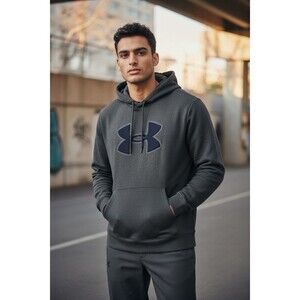 Under Armour Sweatshirt Men's Large Hoodie Hooded Pullover Gray Blue Logo.